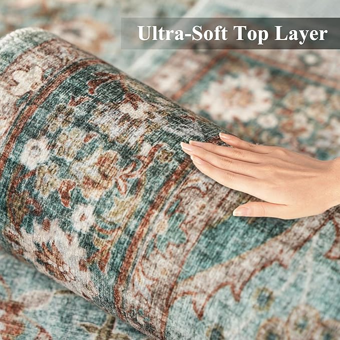 TOPRUUG Green Living Room Rug - Washable 9x9 Area Rug for Dining Room Under Table Oriental Soft Low Pile Carpet for Bedroom - Vintage Design Retro Indoor Decor (Green, 9x9)