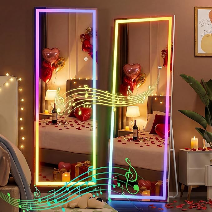 Hasipu 56"x16" LED RGB Bluetooth Full Length Mirror with Lights, Full Body Mirror with Stand, Wall Mount & Free Standing Floor Mirror for Bedroom Living Room Cloakroom, 7 Color & Brightness Adjustable
