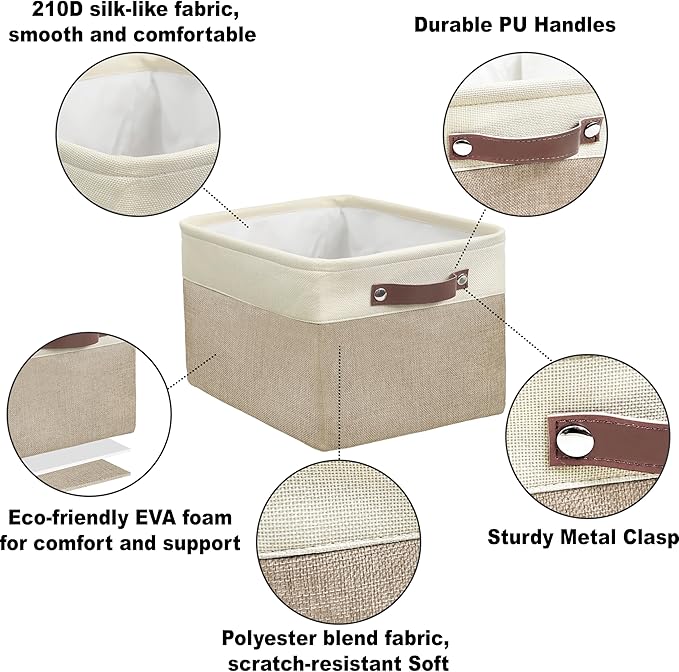 Simple Houseware Large Fabric Storage Bin, 15" x 11" with Leather Like Handles, 3 Pack, Beige