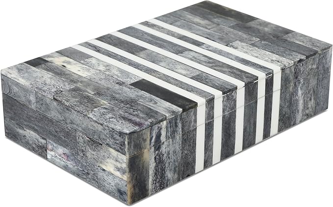 Handicrafts Home Small Decorative Storage Box with Lid, Patisserie Cafe Stripe Pattern Jewelry Keepsake Trinket Box Organizer, Bone Inlay Resin Wooden Coffee Table Dresser Box, Grey & White, 8x5x2