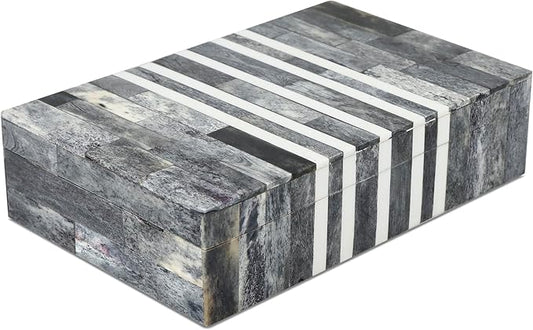 Handicrafts Home Small Decorative Storage Box with Lid, Patisserie Cafe Stripe Pattern Jewelry Keepsake Trinket Box Organizer, Bone Inlay Resin Wooden Coffee Table Dresser Box, Grey & White, 8x5x2