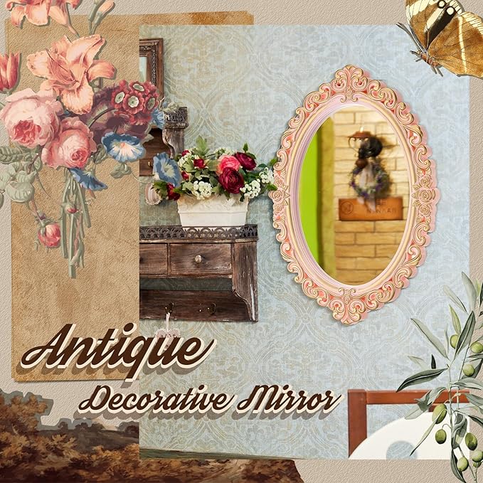 Beeveer 3 Style Vintage Mirrors Set Decorative Oval Wall Mirror Small Antique Mirrored Tray Decorative Hanging Mirror for Bathroom Bedroom Jewelry Organizer Victorian Decor (Shield,Pink)