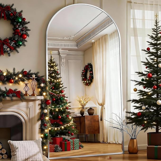 BEAUTYPEAK 76"x34" Arch Full Body Floor Mirror, Full Length Mirror Hanging or Leaning Arched-Top, Wall Mirrors with Stand for Bedroom, Dressing Room, Silver