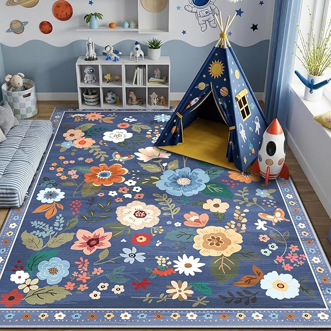 RELEANY Floral Nursery 8x10 Area Rugs Washable Print Boho Cute Carpet Non Slip Flower Low Pile for Living Room Kids Girls Playroom Bedroom Kitchen Office Farmhouse-Blue/Grey