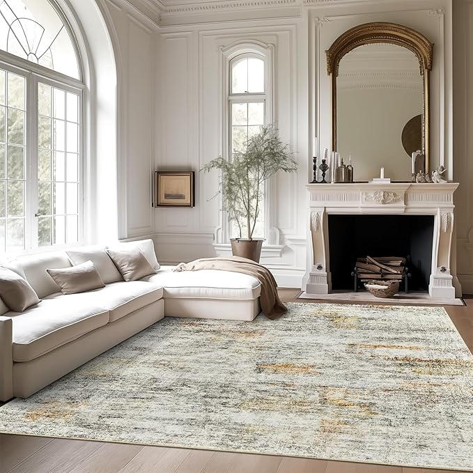 Soalmost Washable Area Rug 8x10, Large Soft Abstract Rugs for Living Room Vintage 8x10 Area Rugs for Bedroom Dining Room Non-Slip Stain Resistant Under Table Gray Rust Rug