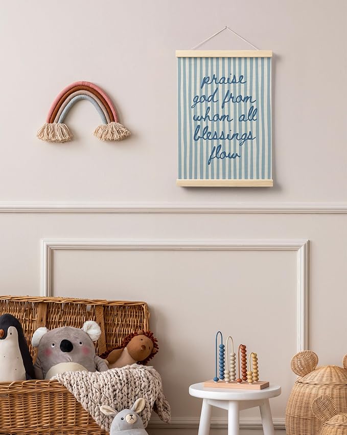FGFK Trendy Blue Christian Wall Art Poster Hanger Frame, Trendy Striped Praise God From Whom All Blessing Flow Bible Verse Scripture Canvas Prints Framed Wall Decor for Room Home Dorm, 12x16 Inch