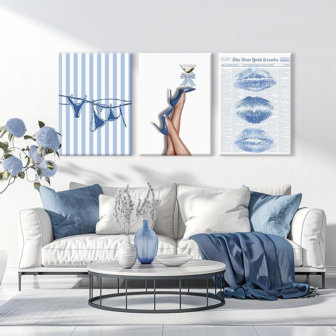 Blue Coquette Wall Art Decor Preppy Trendy Aesthetic Posters Funky Retro Y2k Canvas Wall Art Decor Blue Bow Bikini Lips Prints Girly Room Artwork for Dorm Bedroom 16x24 Inch Wrapped Canvas Set of 3