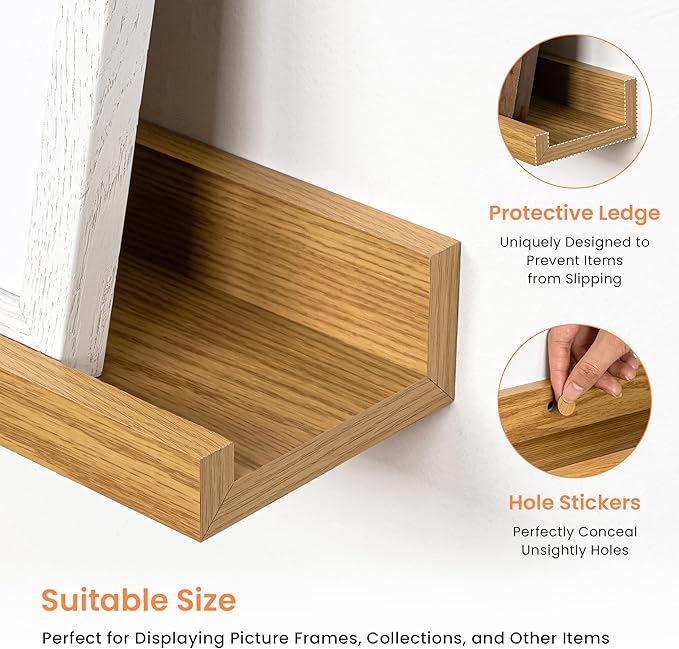 RICHFOCUS Picture Ledge Shelf, 55 inch Floating Shelves Set of 2, Wood Wall Shelves with Lip, Wall Decor Storage for Bedroom Living Room Bathroom Kitchen Nursery Photo Picture, Oak