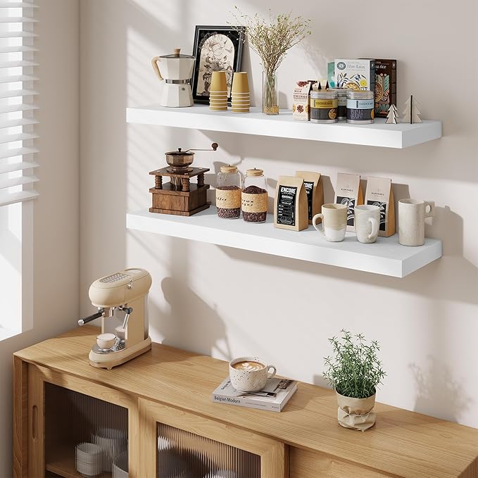 Fun Memories Floating Shelves Set of 2, 40 Inch Long Wooden Wall Shelves, 10 Inch Deep Wall Mounted Storage Shelf with Metal Brackets for Living Room, Bathroom, Bedroom and Kitchen, White
