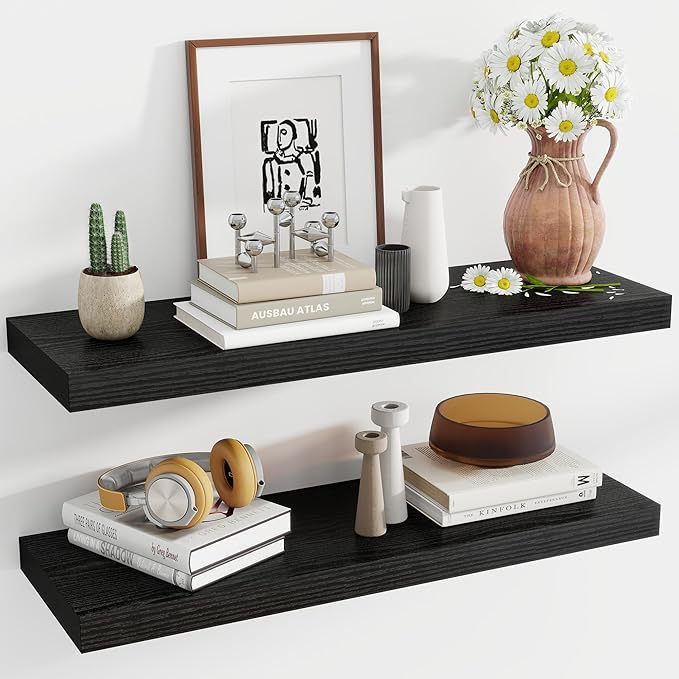 Acovy 36 Inch Floating Shelves, 12 Inch Deep Floating Shelves for Wall, Floating Shelf with Invisible Brackets, Deep Shelves for Bathroom, Bedroom, Living Room, 2 Pack, Black