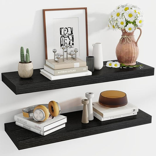 Acovy 36 Inch Floating Shelves, 12 Inch Deep Floating Shelves for Wall, Floating Shelf with Invisible Brackets, Deep Shelves for Bathroom, Bedroom, Living Room, 2 Pack, Black