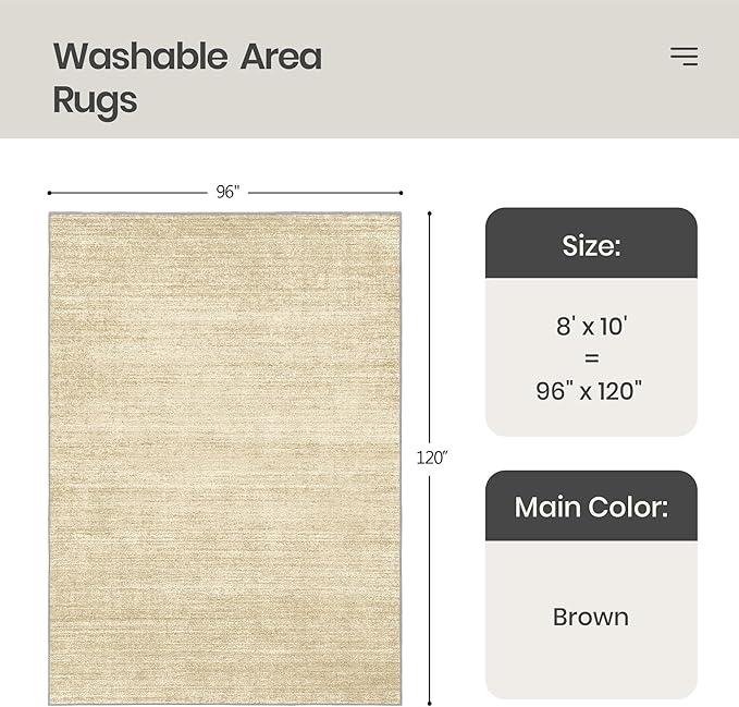 Valenrug Washable Rug 8x10 - Stain Resistant 8x10 Area Rugs for Living Room, Non Slip Backing Printed Rugs for Bedroom, Folable Machine Washable Area Rug (8'x10', Tan)