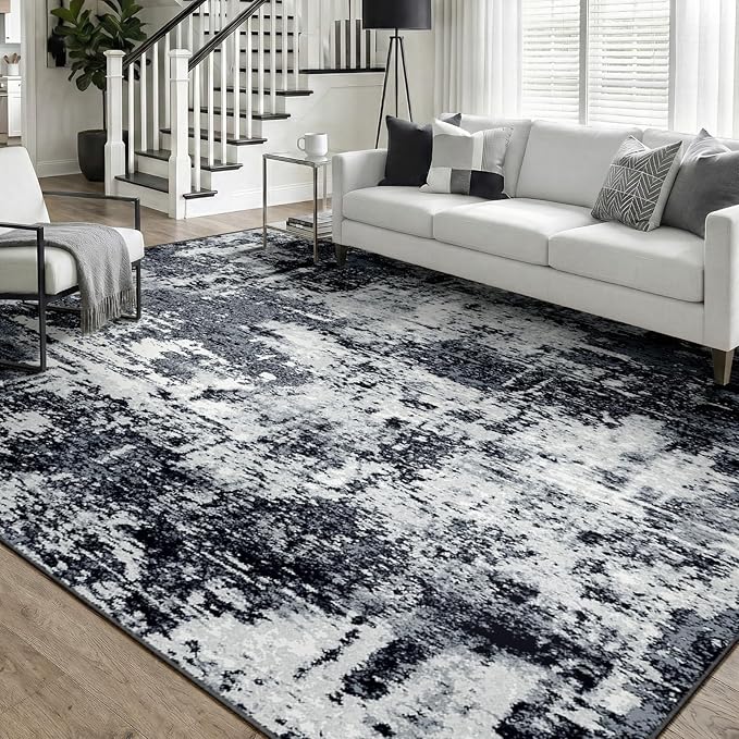 RELEANY Washable Area Rugs 6'x9' Non-Slip Modern Abstract Soft for Living Room Entryway Bedroom Nursery, Print Pattern, Black Navy Blue Gray