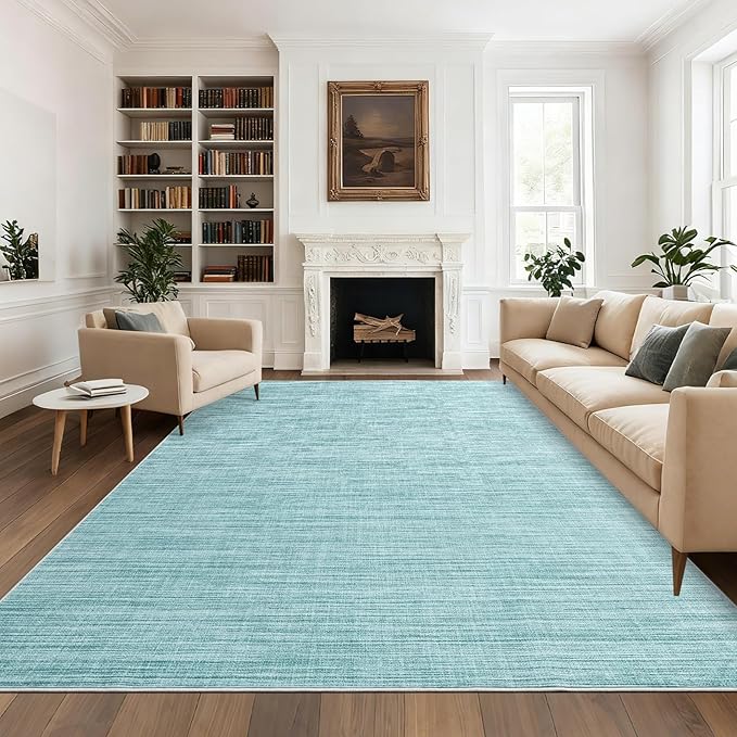 Washable Area Rug 8x10 for Living Room Bedroom Non Slip Minimalist Solid Color Area Rugs Modern Abstract Plain Dining Room Throw Carpet Low Pile Soft Classic Boho Rugs for Kitchen Nursery Oiifce, Blue