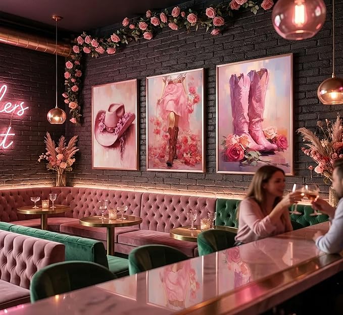 3Pcs Pink Cowgirl Canvas Wall Art Funky Cowgirl Boots Posters Prints Paintings Western Flower Boots Hat Aesthetic Pictures Wall Decor for Preppy Room Bedroom Apartment Decoration Unframed