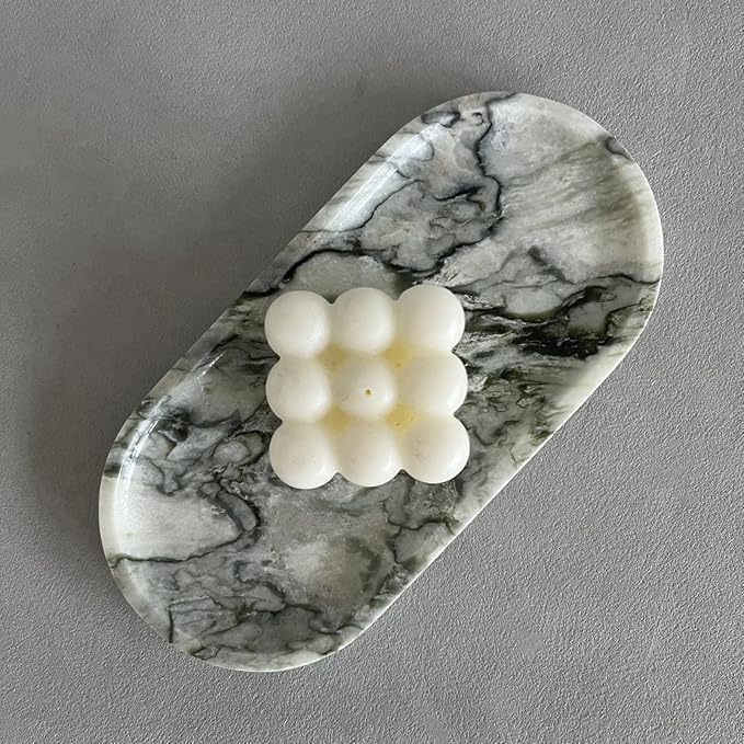Natural Marble Oval Tray Ornaments Vintage Small Tray Storage Dish for Counter, Vanity, Dresser, Nightstand and Desk (Green Emerald)