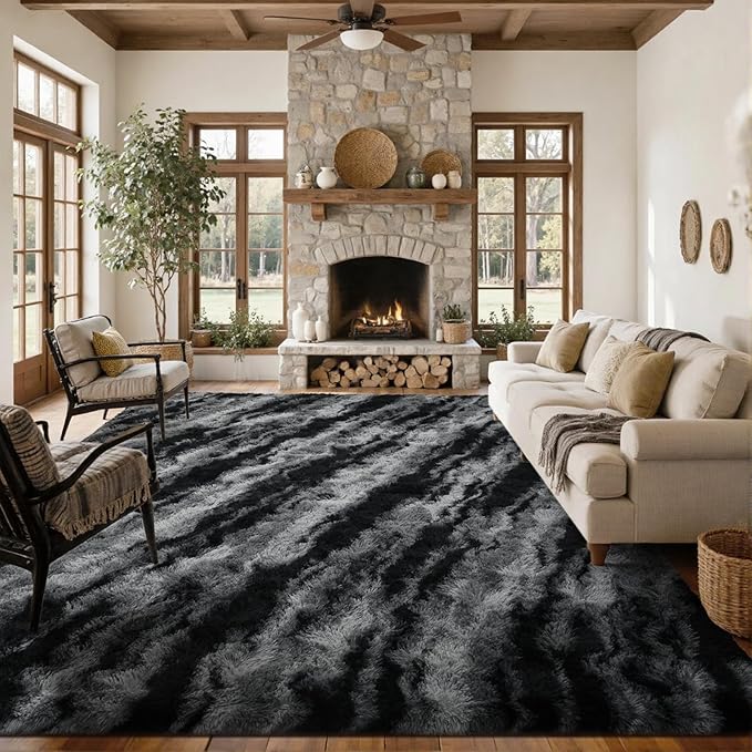Area Rugs for Living Room 8x10 Feet, Soft Fluffy Shagg Plush Bedroom Rug Non-Slip,Large Carpet for Nursery Kids Dorm Home Decor Zebra Black