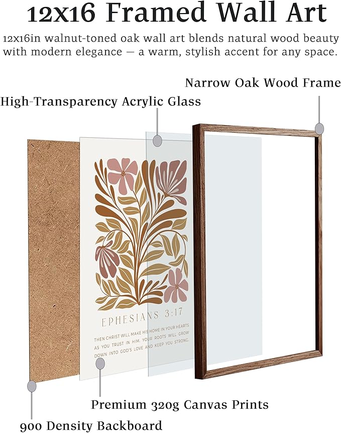EcoHest Bible Verse Floral Framed Wall Art, 12x16 in Walnut Color OAK Wood Abstract Flowers Canvas Wall Art, Ephesians 3:17 Home Decor, Beige Logs Boho Christ Set of 1 for Bedroom Living Room