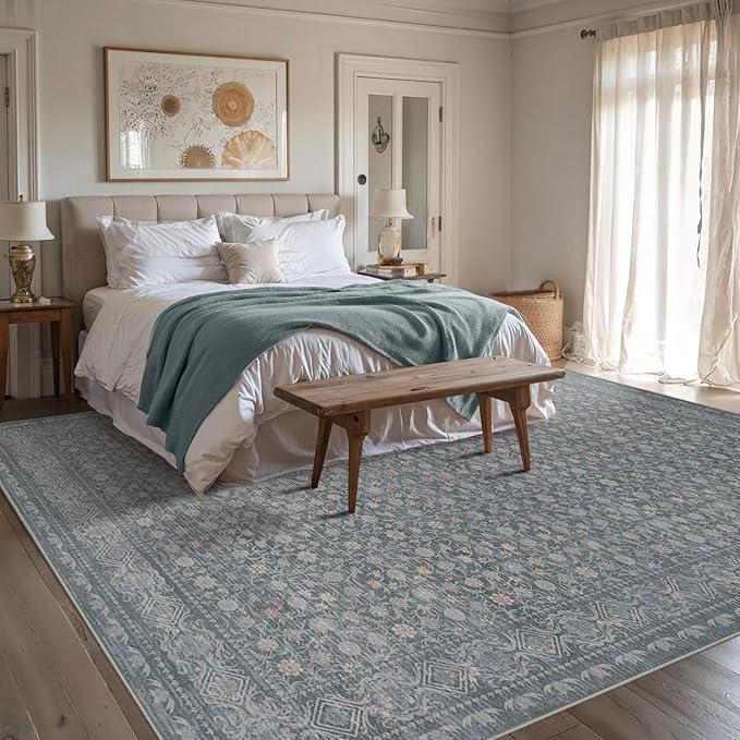 Rugxara 6x9 Washable Area Rug for Living Room, Vintage Large Boho Rugs for Office, Dining Room, Kids Room, Farmhouse, Durable Low Pile Non Slip Carpet for High Traffic Areas, Soft Blue