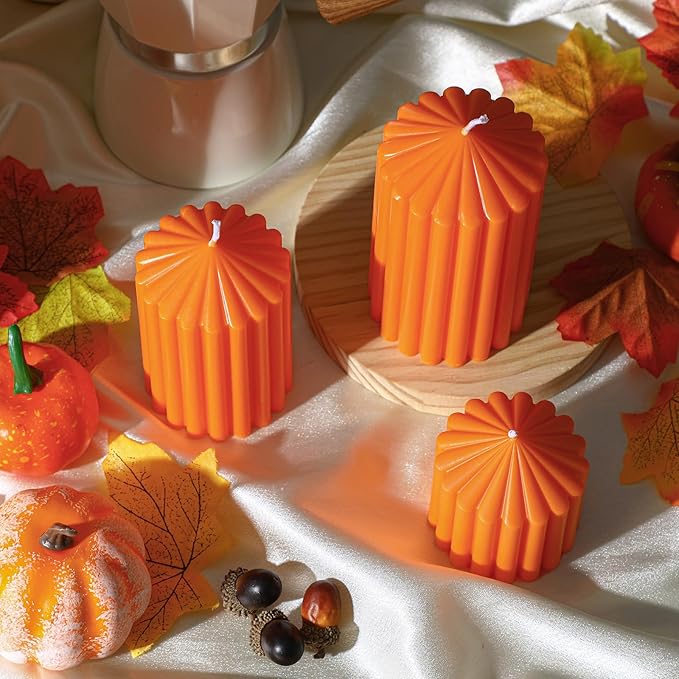 Conelist Set of 3 Orange Ribbed Pillar Candles Soy Wax Scented Ribbed Candles Includes 2.8, 4.2 and 5.1 Inches Heights Decorative Romantic Wedding Decoration for Couple Home Birthday Gift