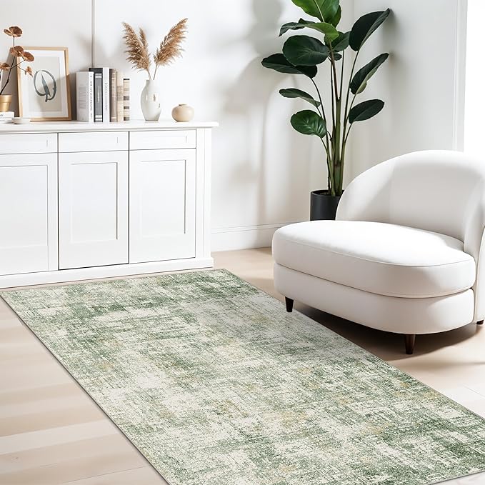 3x6 Washable Wide Runner Rug – Non-Slip Floor Carpet Runner for Kitchen Entryway Hallway Bathroom, Modern Abstract Low Pile Thin Area Rug (Sage Green)