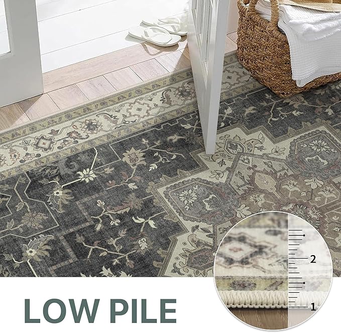 GENIMO 5x7 Area Rugs for Living Room, Machine Washable Rug, Non Slip Indoor Vintage Rug, Low Pile Lightweight Chenille Print Carpet for Bedroom Dining Room Home Office, Muted Charcoal Beige
