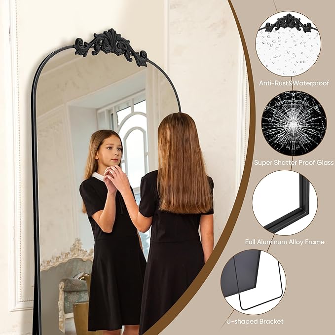 Antok Arched Full Length Mirror, 58"x18" Floor Mirror with Carved, Full Body Mirrors for HomeDecor, Standing/Halling Large Wall Mirror for Bedroom, Living Room, Cloakroom, Black, Retro Style