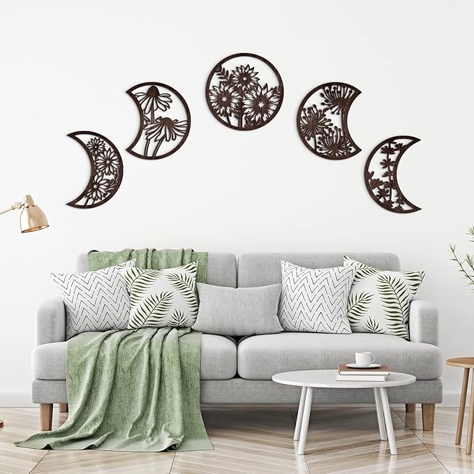 Jetec 5 Pcs Moon Phase Wall Art Decor Wall Pediments Hanging Wooden Phase Spiritual Bedroom Nordic Boho Lunar Aesthetic Art for Living Room Dorm Apartment Ornament(Brown,10.6 Inch,Flower)