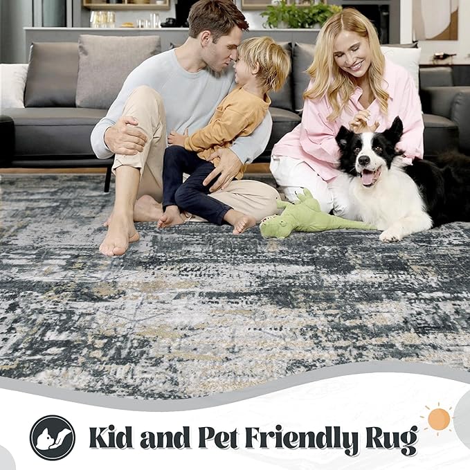 XLUEZ 5x7 Area Rugs for Living Room, Washable Modern Abstract Large Area Rug Neutral Soft Non Slip Kids Rug Stain Resistant Indoor Carpet for Bedroom Nursery Dining Room Playroom(BlackGreyGold,5'x7')