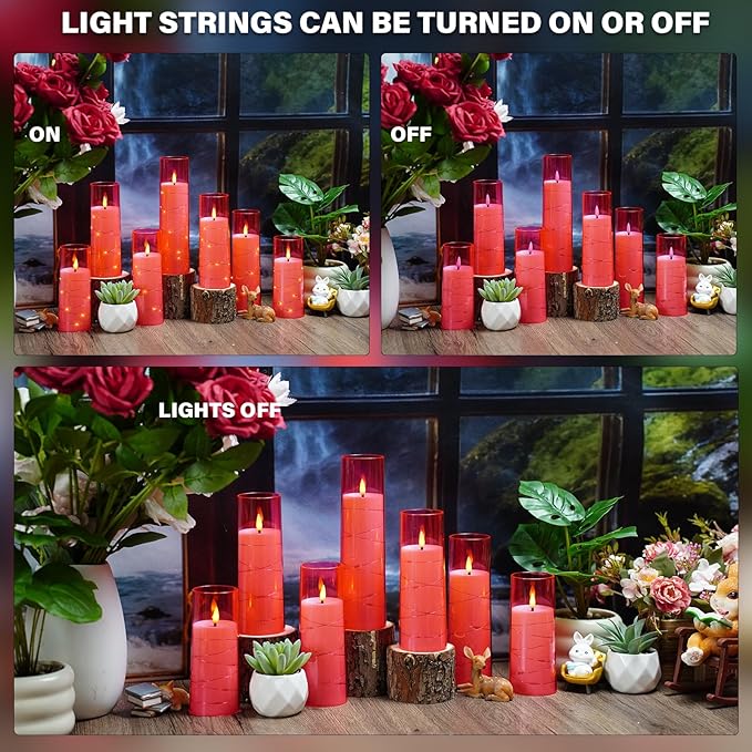 Nimiko Flickering Flameless LED Candles,Battery Operated Candles 9 Pcs with Embedded Star String,Acrylic LED Pillar Candles with Remote,Suitable for Home Decoration to Create an Atmosphere (Pink)