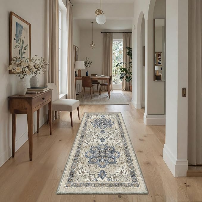 GENIMO 2'6"x6 Runner Rugs for Hallway, Machine Washable Non Slip Vintage Rugs, Low Pile Lightweight Soft Print Carpet for enrtyway, Corridor, Home Office, Kitchen, Blue Cream
