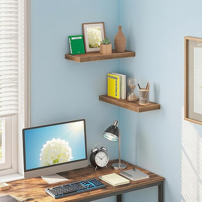Vervida® 3 Pack Rustic Brown Floating Shelves, 24" W x 7.9" D x 1.5" H, Holds Up to 38 Lbs, for Living Room, Bedroom, Bathroom, Kitchen, Office, Storage, Display, with Invisible Brackets Wall Shelves