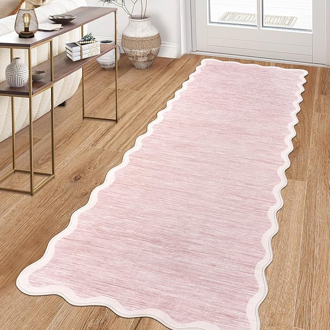 GarveeHome Scalloped Washable Runner Rug 2x6 Runner Non Slip Kitchen Rug Modern Pink Rug Entryway Rug Farmhouse Soft Bathroom Rugs Stain Resistant Carpet for Hallway Laundry Bedroom 2'x6' Pink