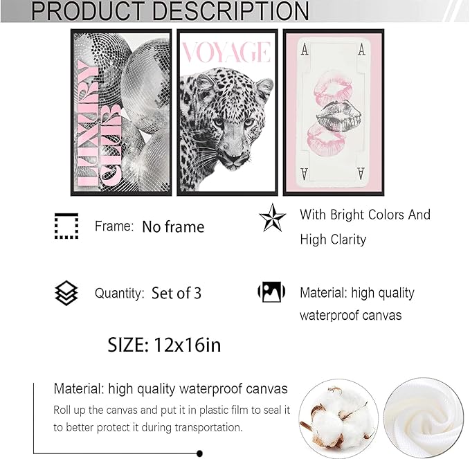 3pcs Pink Fashion Leopard Print Wall Art,Black and White Cheetah Pattern Canvas Poster,Funny Playing Card Painting,Lip Disco Ball Pictures Wall Decor for Girls' Room Living Room Bedroom 12x16in Unframed