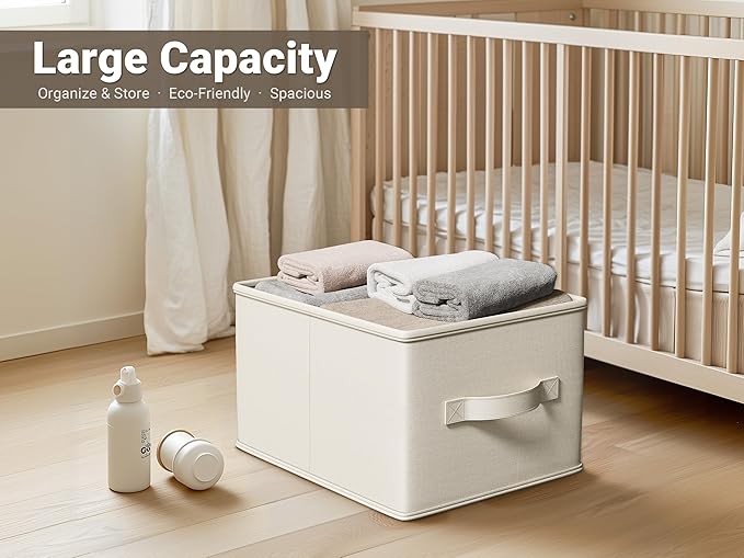 LayerSpace 3 Pack Fabric Storage Bins for Shelves | 16.25x12x10in Closet | Collapsible Bins for Organization | Linen Clothes Storage Bins | White & Ivory