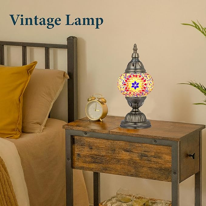 Marrakech Tiffany Lamp Turkish Table Lamps with Vintage Style, Handmade Moroccan Mosaic Lamp with Bronze Base Including LED Bulb for Living Room Bedroom Decor (Orange)