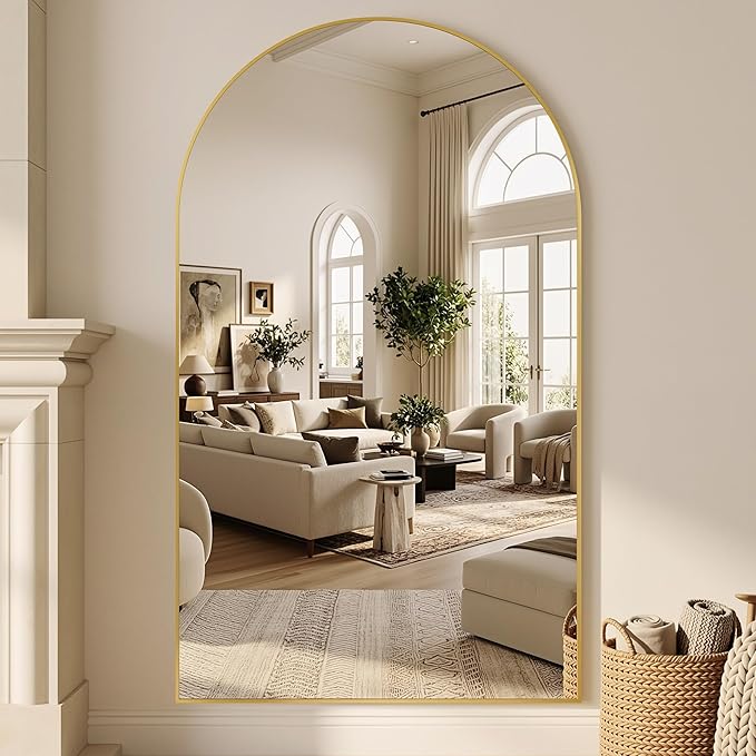 Suidia 72"x44" Arched Full Length Mirror with Stand, Full Body Mirror with Aluminum Frame, Freestanding/Leaning/Wall-Mounted, Floor Mirrors for Bedroom, Living Room, Entryway, Dressing Room, Gold