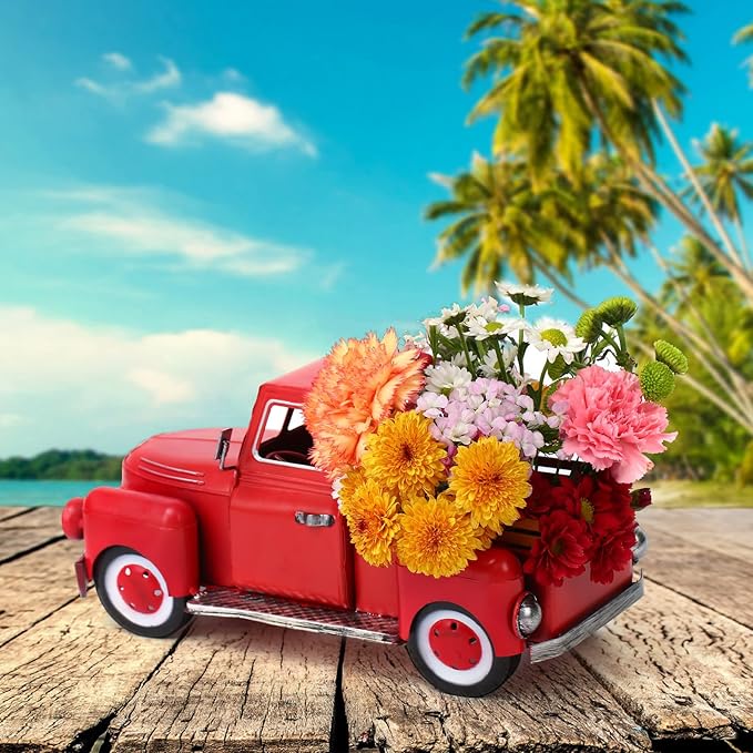 Vintage Red Truck Decor, Farmhouse Metal Outdoor/Indoor Pickup Planter, Christmas Red Trucks Decorations, Decorative Tabletop Storage,Gift Basket for Holiday
