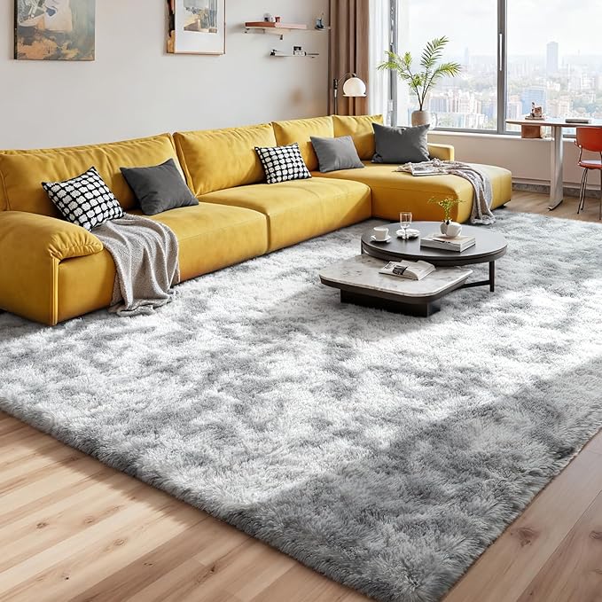 Modern Soft Fluffy Small Shaggy Rug for Bedroom Livingroom Dorm Kids Room Indoor Home Decorative, Non-Slip Plush Furry Fur Area Rugs Comfy Nursery Accent Floor Carpet 9X11 Feet, Tie-Dyed Light Grey