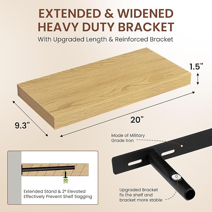 Dreamland 20 Inches Floating Shelves for Wall, 9.3" Deep Long Floating Shelves Set of 2, Large Display & Storage Shelf, Wall Shelf for Bathroom Bedroom Living Room Kitchen Office, Oak