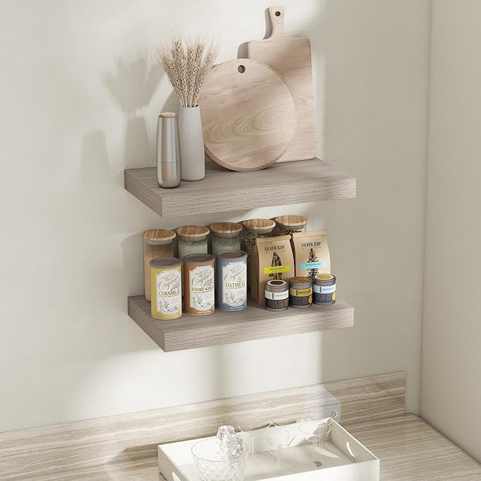 12 Inch Deep Floating Shelves for Wall, 20 x 12 Rustic Wood Grain Bathroom Shelves with Invisible Brackets, Easy Install Wood Storage Shelves for Kitchen, Living Room, Bedroom, Grey, Set of 2