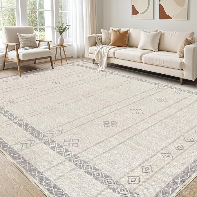 cotiled 5x7 Area Rug Living Room: Washable Boho Rugs with Non Slip Backing Large Soft Indoor Stain Resistant Carpet for Bedroom Farmhouse Dining Room Lightweight Home Decor Grey Beige