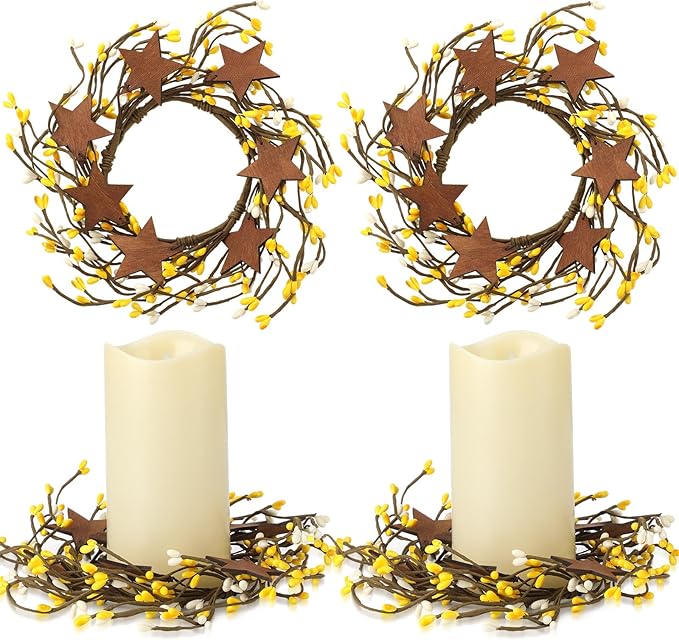 Daifunli 2 Pcs Spring Country Primitive Yellow Pip Berry with Rusty Tin Stars Candle Ring Vintage Pip Berries Wreaths for Pillar 3.9 Inch Candles Holder for Spring Easter Rustic Table Centerpiece Deco