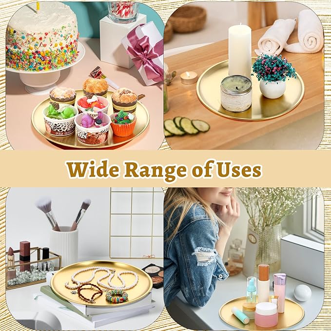 6 Pack Gold Tray Decorative Serving Decorative Gold Jewelry Bar Jewelry Dish Key Bowl Mirror Dresser Vanity Tray Makeup Organizer for Bathroom Candle Perfume Countertop(12 Inch)