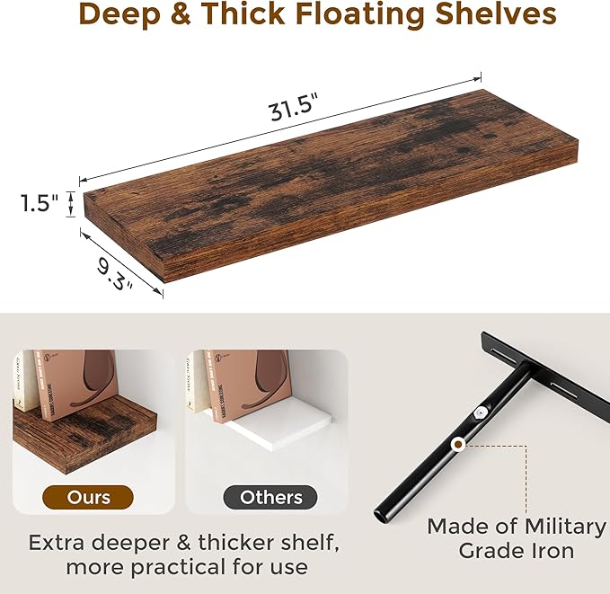 Fun Memories 32" W x 9.3" D Floating Shelves, Rustic Wood Deep Shelves for Bedroom, Kitchen, Living Room, Long Floating Shelf for Wall, Storage Display Wall Shelf for Books Decor, Rustic Brown