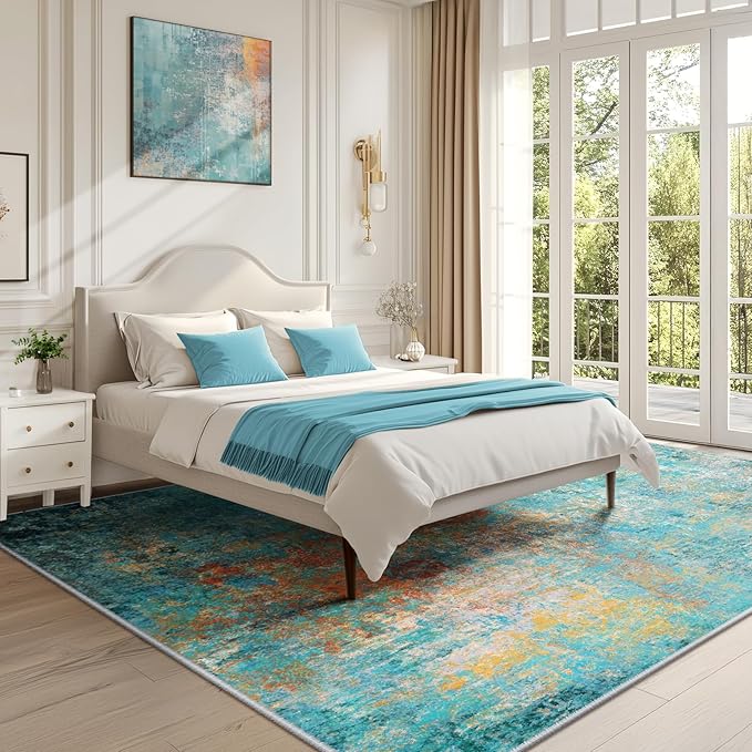 RELEANY Washable Area Rugs 10'x14 Non-Slip Modern Abstract Soft for Living Room Entryway Bedroom Nursery, Print Pattern, Teal Blue Green Orange Rust Red Coloreful