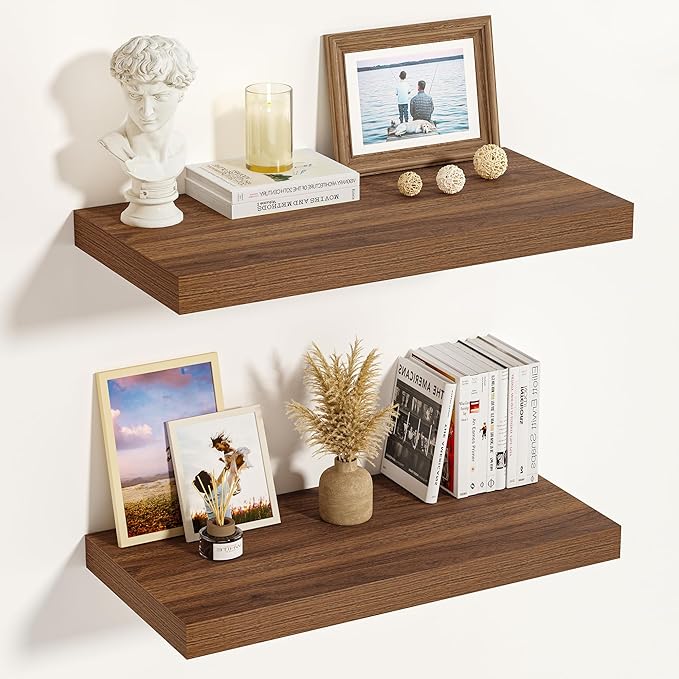 Vivelove Rustic Floating Shelves for Wall 12 Inch Deep, 16" X 12" X 1.5" Floating Shelf, 2 Inch Thick Shelf for Living Room Bathroom Bedroom Kitchen Office, Rustic Farmhouse Decor Set of 2, Walnut
