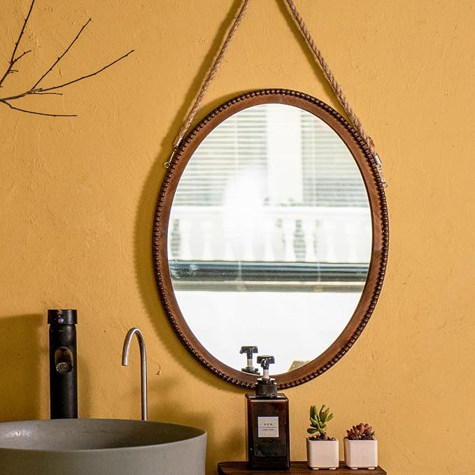 OKSQW 20 Inch Oval Wall Mirror Wooden Bead Frame Art Decorative Rustic Farmhouse Wooden Mirror Hanging Mirror with Rope for Entryway Bedroom Living Room Bathroom
