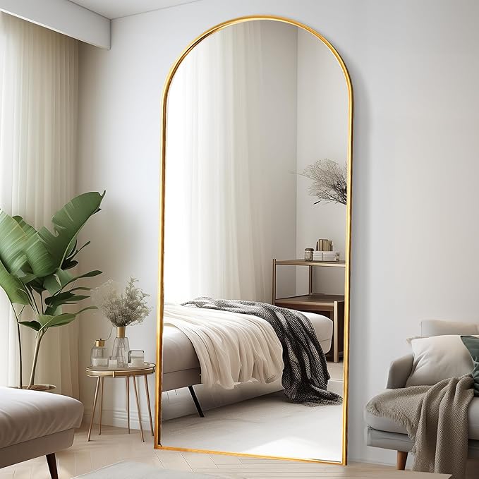 Rowjut Floor Full Length Mirror, Arched Mirrors Full Length 76"x34" Freestanding Large/with Aluminum Frame & Wall Mounted & Hanging or Leaning & Full Body Mirror for Bedroom, (Gold)