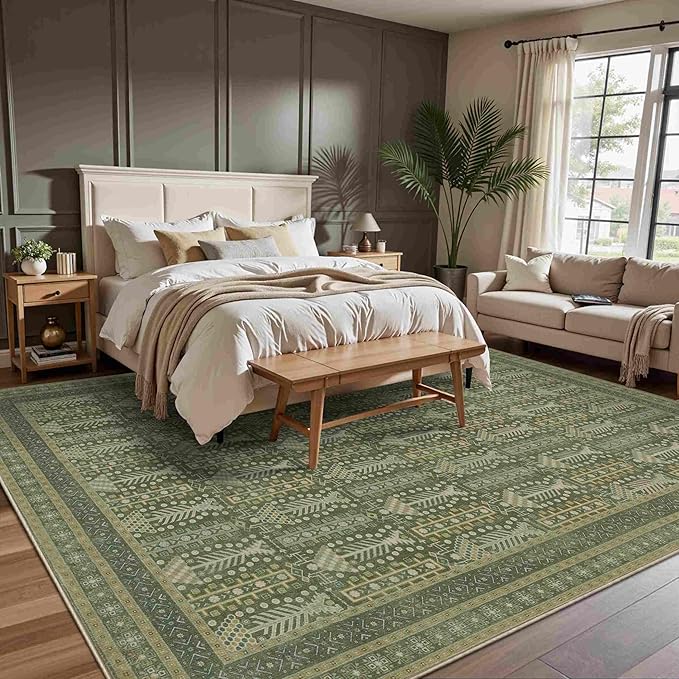 Rugxara 8x10 Washable Area Rugs for Living Room&Bedroom - Floral Boho Vintage Rug,Soft & Non-Slip,Low Pile Wool Carpet for Indoor Dining Room,Girls Room,Nursery Room and Kids Room(Olive Green)